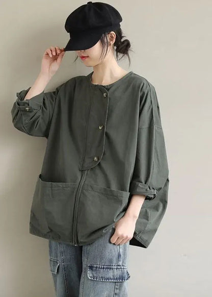 Army Green Zip Up Pockets Cotton Coat Spring