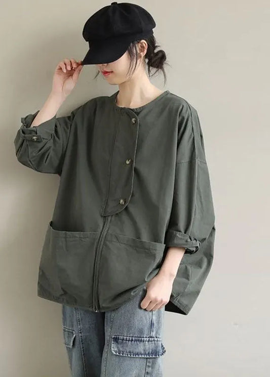 Army Green Zip Up Pockets Cotton Coat Spring