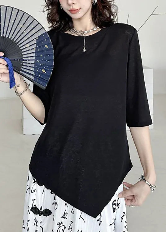 Black O Neck Asymmetrical Cotton T Shirt Summer