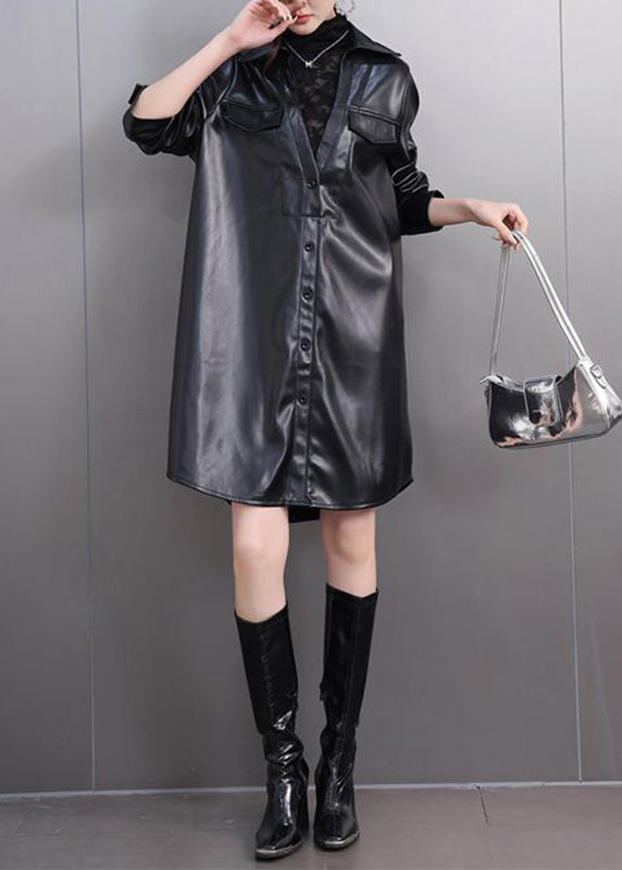 Original Black Peter Pan Collar Pockets Pu Trench Coats Fall