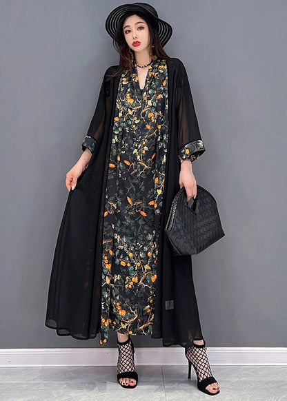 Black V Neck Print Silk Long Dress and Tulle Long Cardigan Two Pieces Set Summer