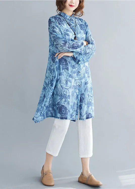 Blue Stand Collar Oversized Print Linen Long Shirt Spring