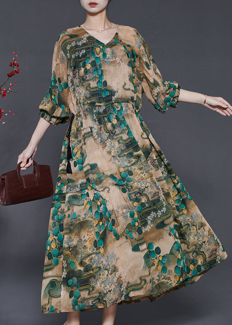 Green Cinched Print Chiffon Long Dress Fall