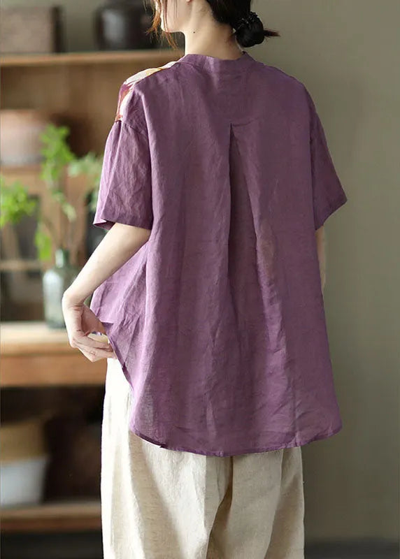 Diy Purple Button Patchwork Fall Half Sleeve Top