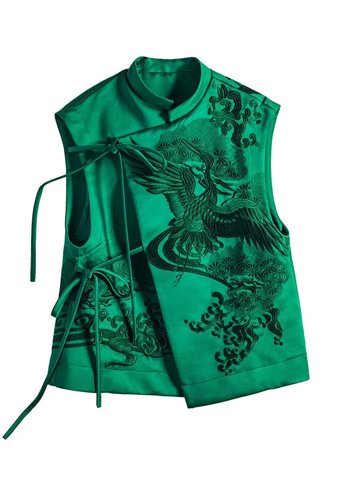 Green Stand Collar Embroideried Lacing Silk Vest Spring