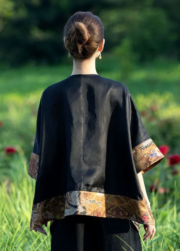 Loose Black O-neck Asymmetrical Patchwork Silk Top Spring