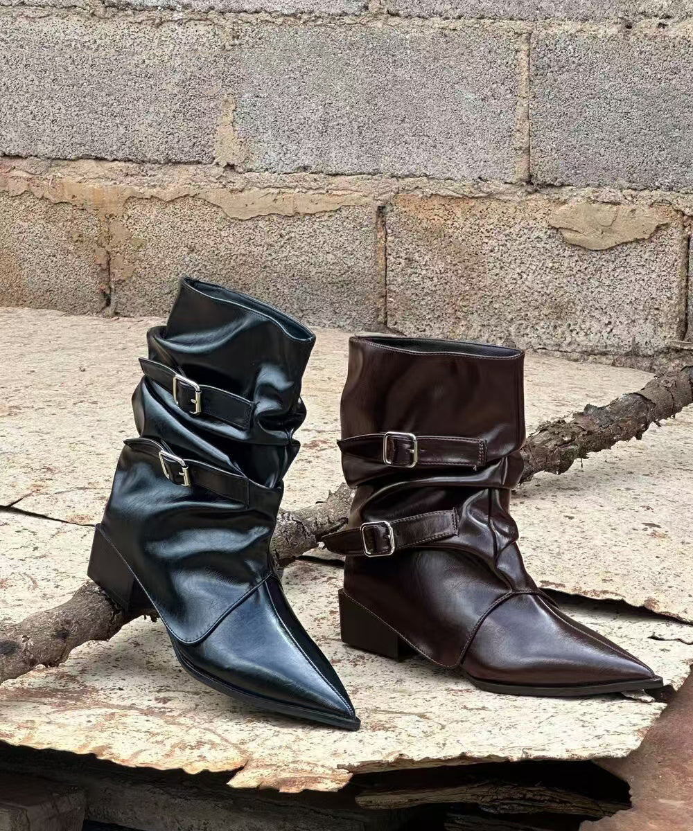 Splicing Chunky Boots Black Faux Leather Pointed Toe