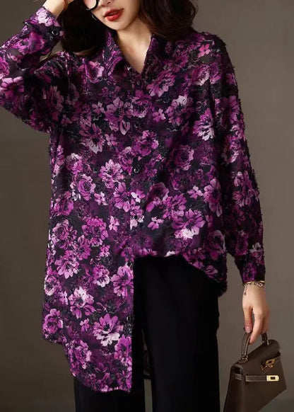 Purple Print Peter Pan Collar Button Chiffon Shirts Fall
