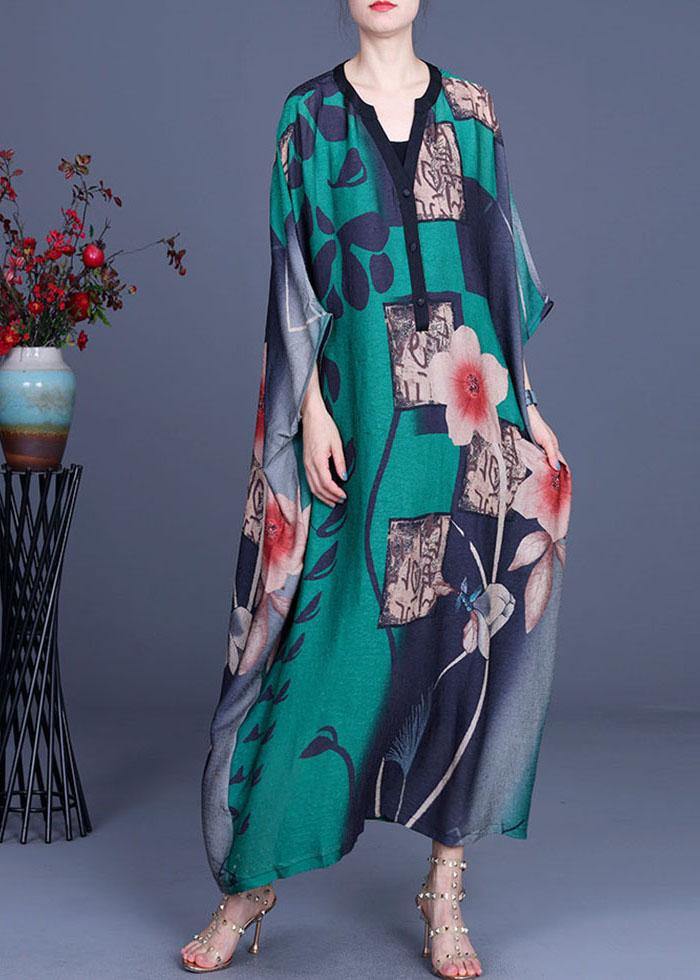 Diy Green Print Button V Neck Chiffon Dress Summer