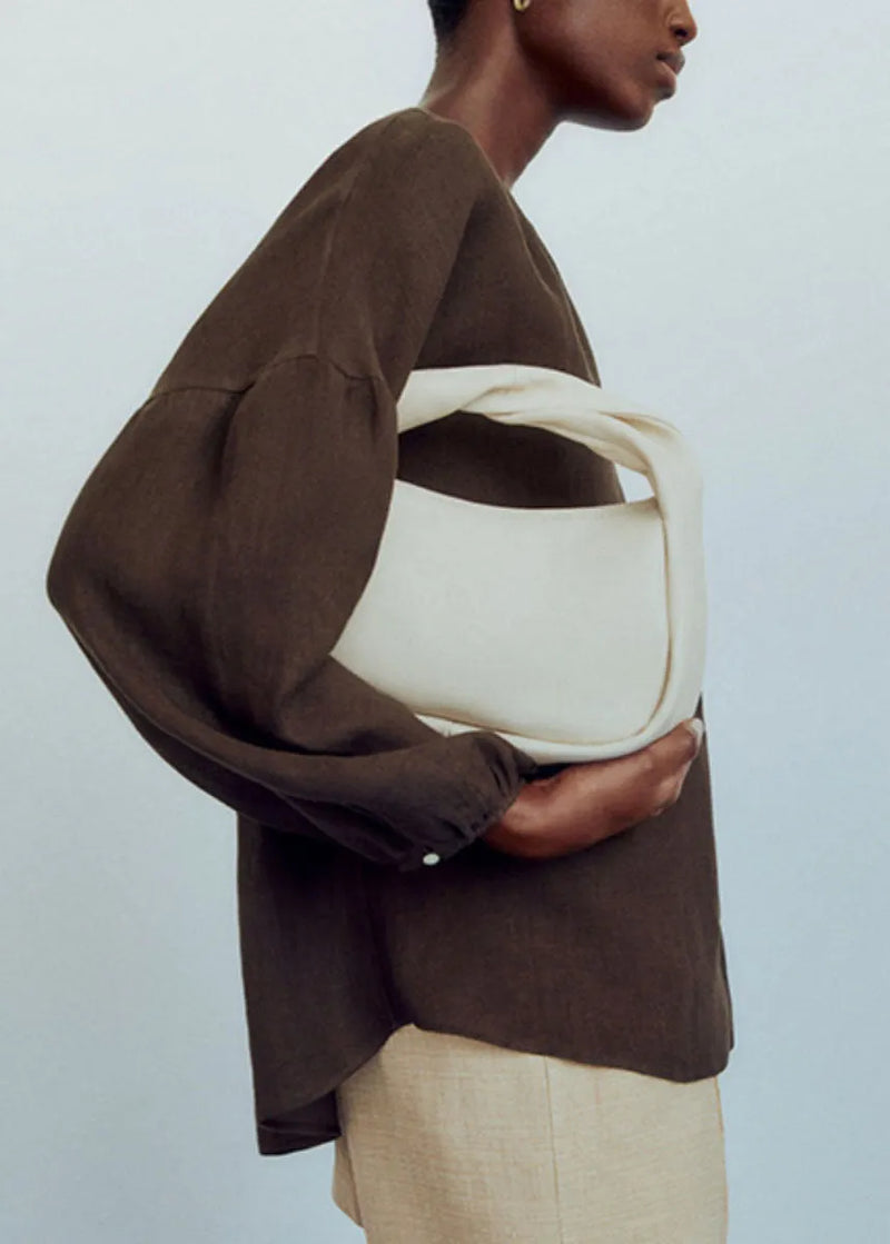 Chocolate V Neck Patchwork Low High Design Shirts Lantern Sleeve