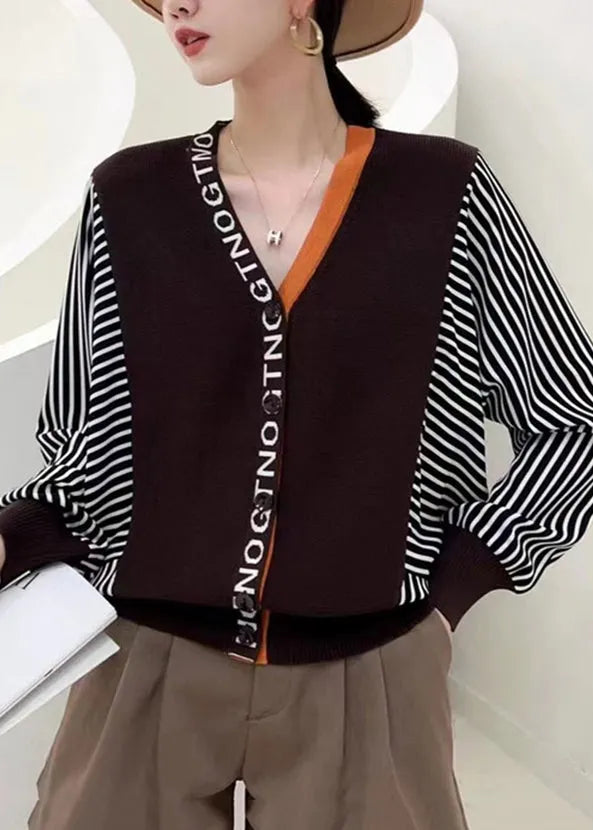 Yellow V Neck Striped Patchwork Button Knit Top Fall