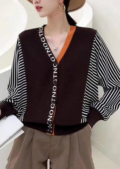 Yellow V Neck Striped Patchwork Button Knit Top Fall