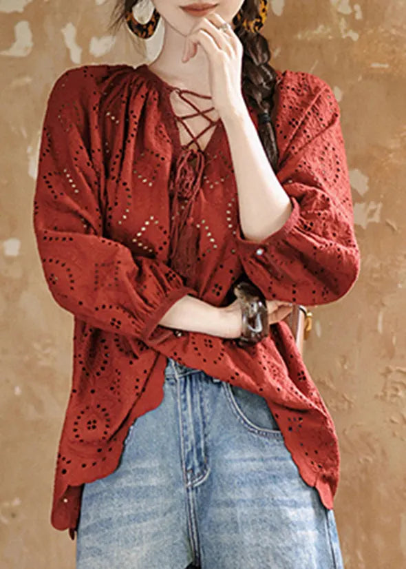 Red Tie Lace Hollow Out Tops Fall