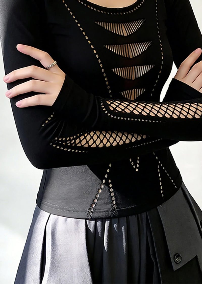 Modern Black O-neck Hollow Out Cotton Shirts Spring