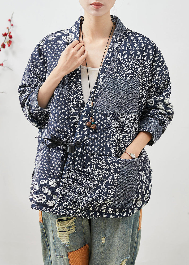 Navy Oversized Print Linen Coat Spring