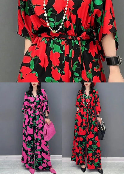 Rose V Neck Print Chiffon Overalls Jumpsuit Summer