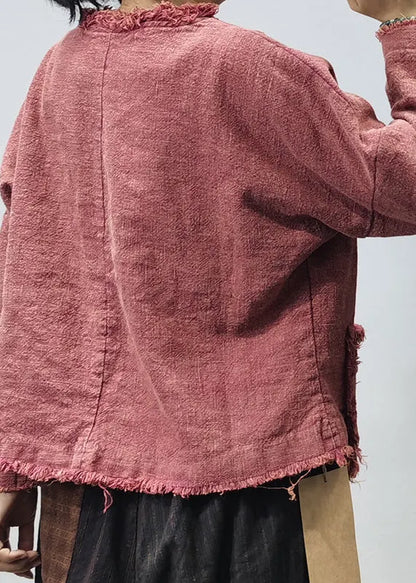 Unique Red O-neck Patchwork Linen Pullover Long Sleeve