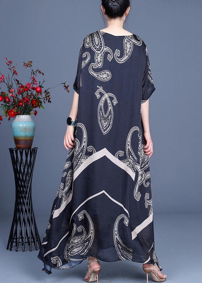 Loose Black Print Short Sleeve Silk Ankle Dress Summer