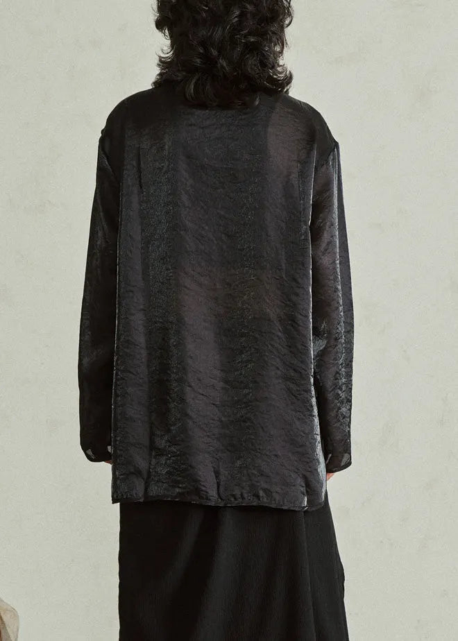 Black Stand Collar Sheer Organza Top Fall