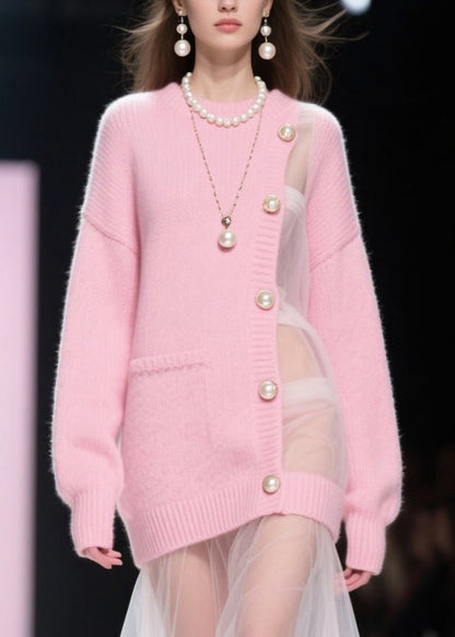 Pink Patchwork Tulle Pearl Knitted Dress Fall