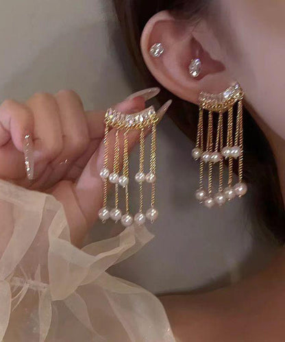 Vogue Gold Copper Alloy Zircon Pearl Tassel Drop Earrings