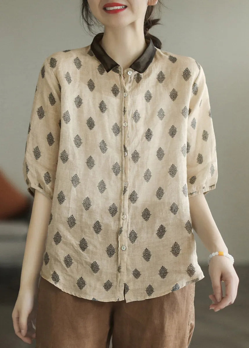 Colour 1 Peter Pan Collar Print Button Linen Shirt Half Sleeve