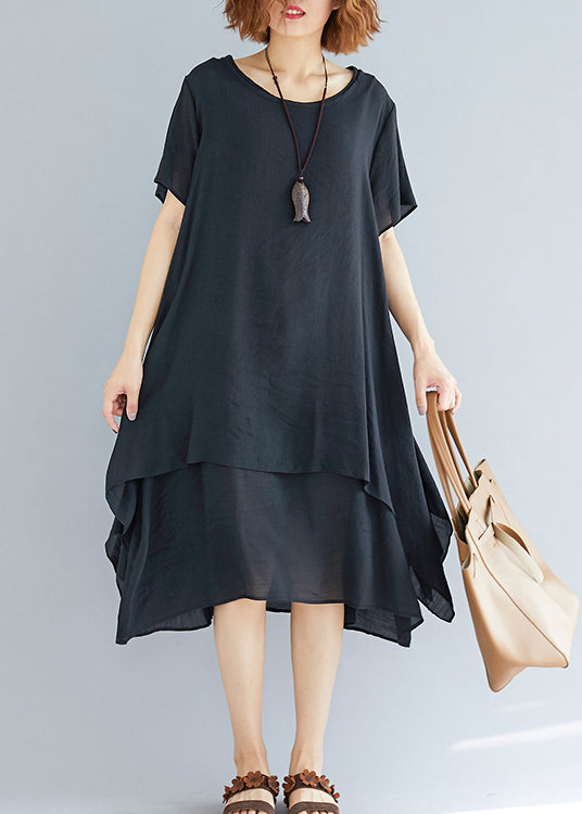 Vivid Brown Necklace Linen-cotton Tunics for Fabrics O Neck Asymmetric Oversized Summer Dress
