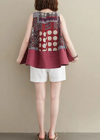 Modern Red O-neck Patchwork Print Cotton a Line Tops Sleeveless