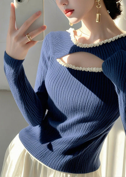 Blue Ruffled Hollow Out Knit Sweater Spring