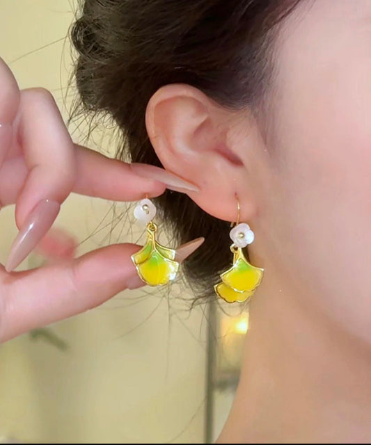 Yellow Copper Overgild Ginkgo Leaf Drop Earrings