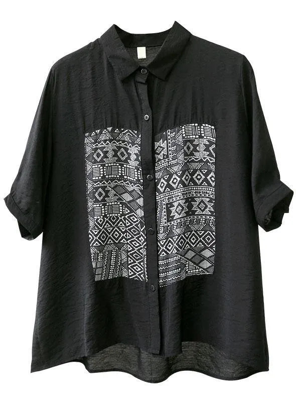 Classy Black Peterpan Collar Button Patchwork Fall Half Sleeve Shirt Top