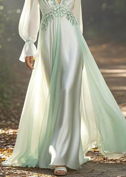 Light Green V Neck Front Open Chiffon Long Dress Fall