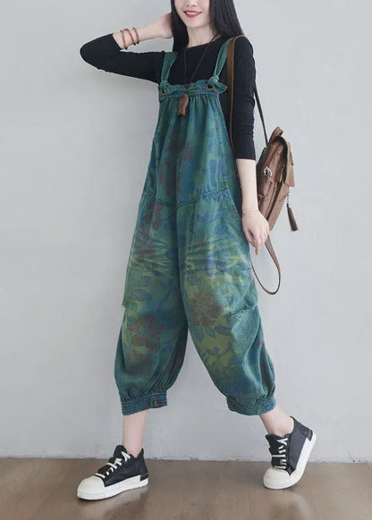 Blue Pockets Print Denim Jumpsuits Spring