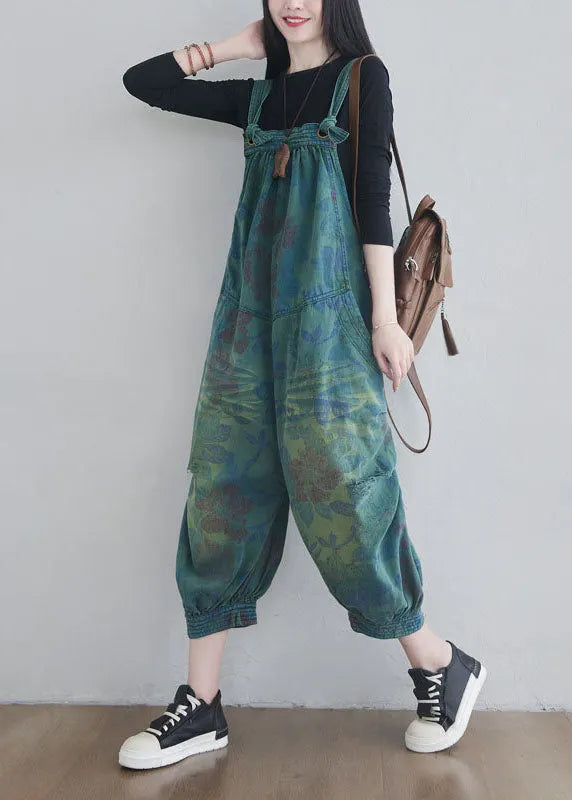 Blue Pockets Print Denim Jumpsuits Spring