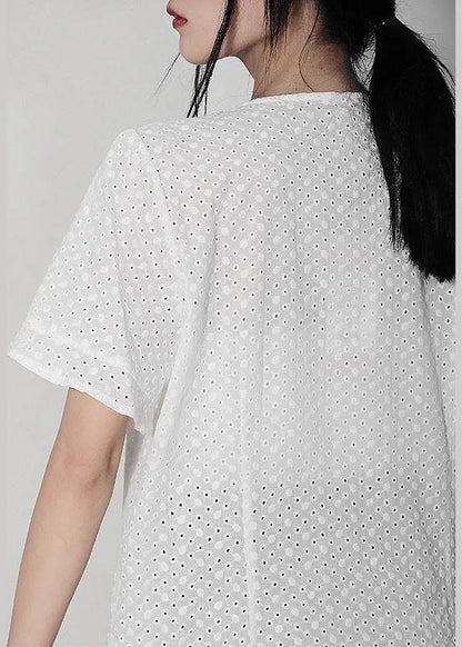Diy White Hollow Out V Neck Button Cotton Shirt Top Summer