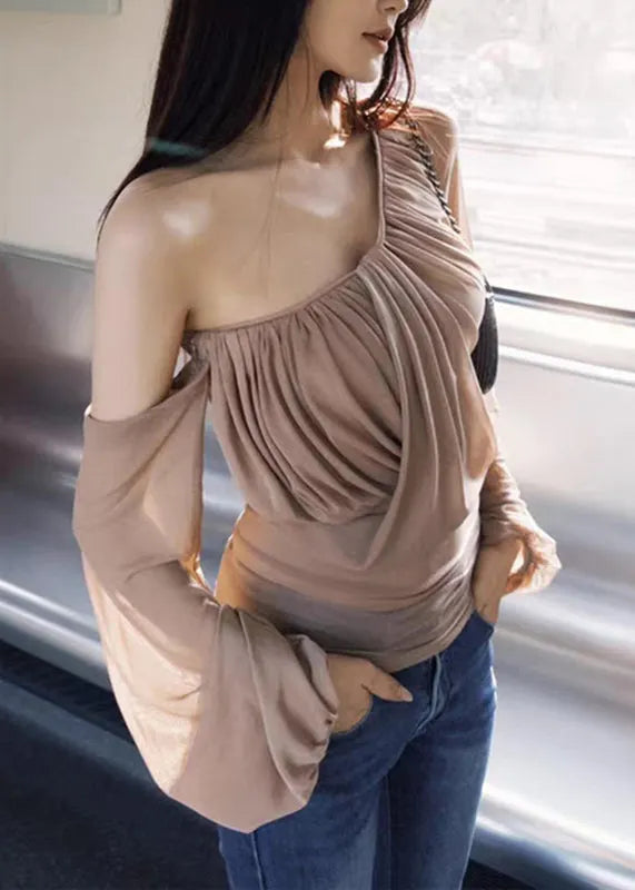 Novelty Khaki One Shoulder Wrinkled Tulle Tops Lantern Sleeve