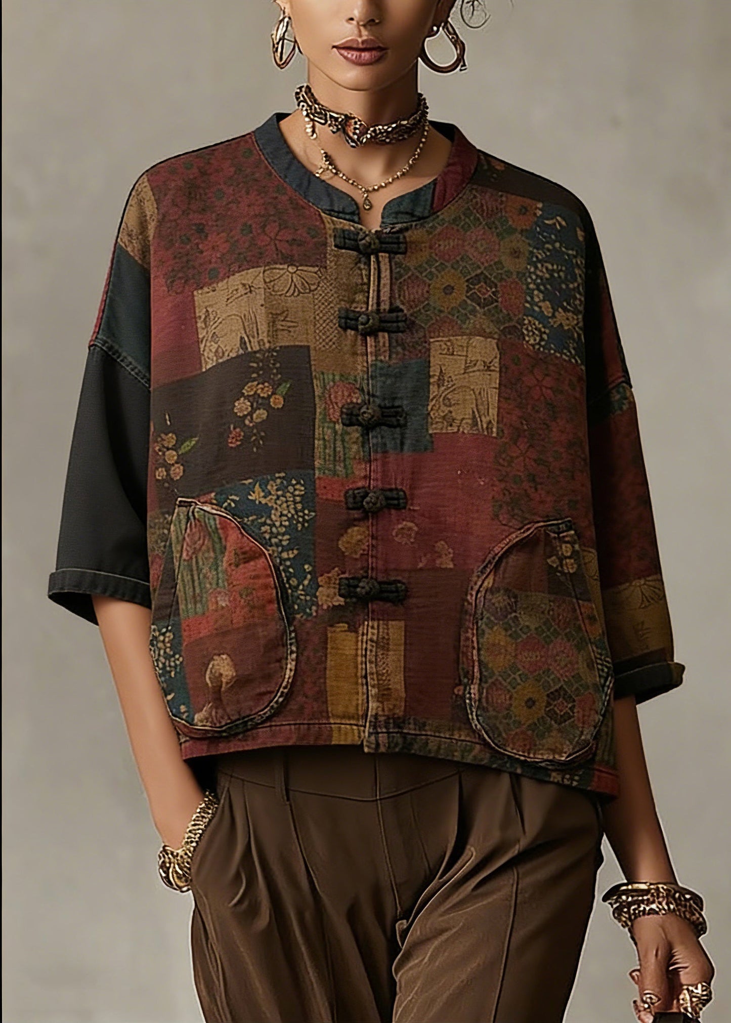 Print Button Patchwork Cotton Coat Long Sleeve