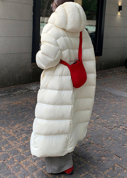White Hooded Zippered Pockets Duck Down Long Coat Winter