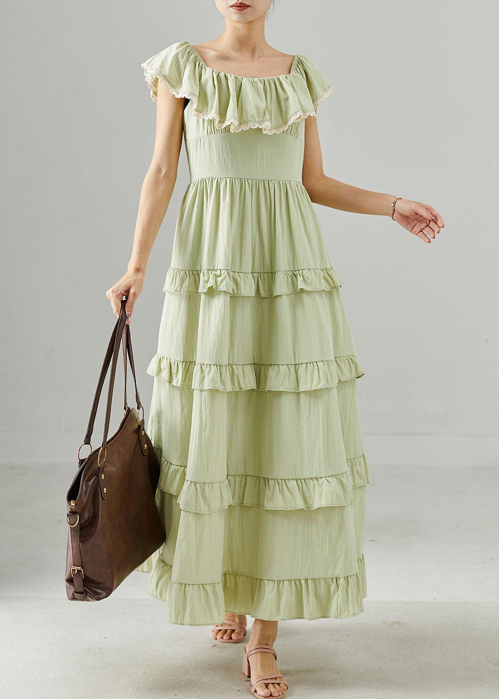 Green Ruffled Silm Fit Cotton Long Dress Summer