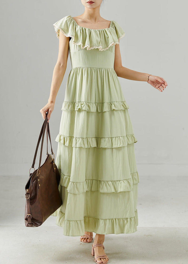 Green Ruffled Silm Fit Cotton Long Dress Summer