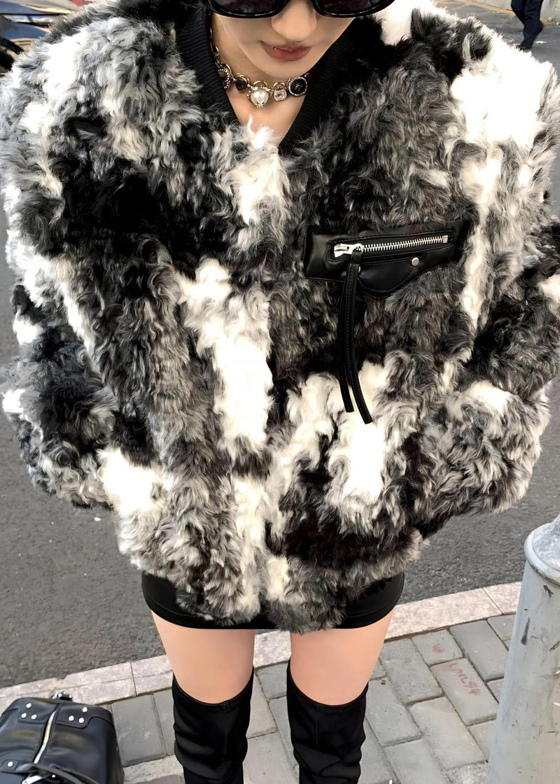 Black Tie Dye Pockets Teddy Faux Fur Coats Spring