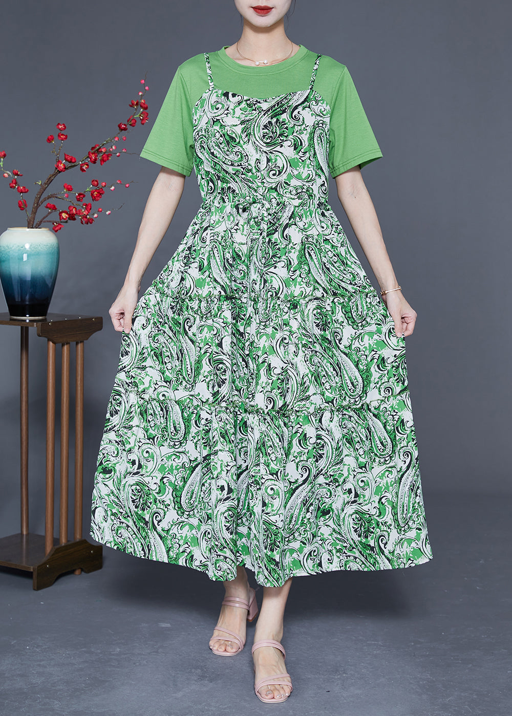 Green O-neck Patchwork Exra Large Hem Chiffon Fake Two Piece Dresses Summer