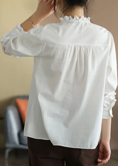 Unique White Ruffled Wrinkled Cotton Shirt Tops Spring