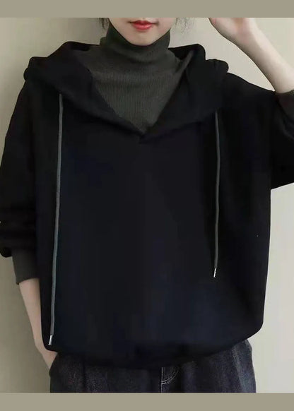 Italian Black Hooded Patchwork Fine Cotton Filled Sweatshirt Spring