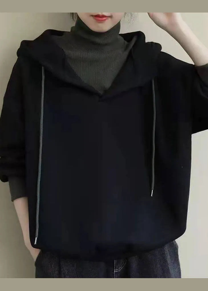Italian Black Hooded Patchwork Fine Cotton Filled Sweatshirt Spring