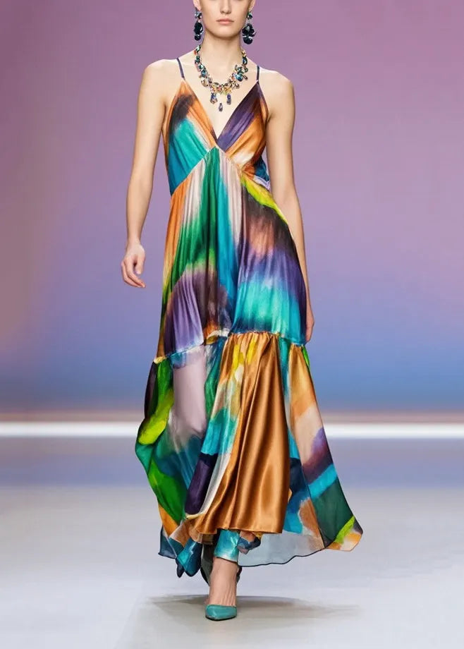V Neck Print Silk Spaghetti Strap Beach Dress Summer