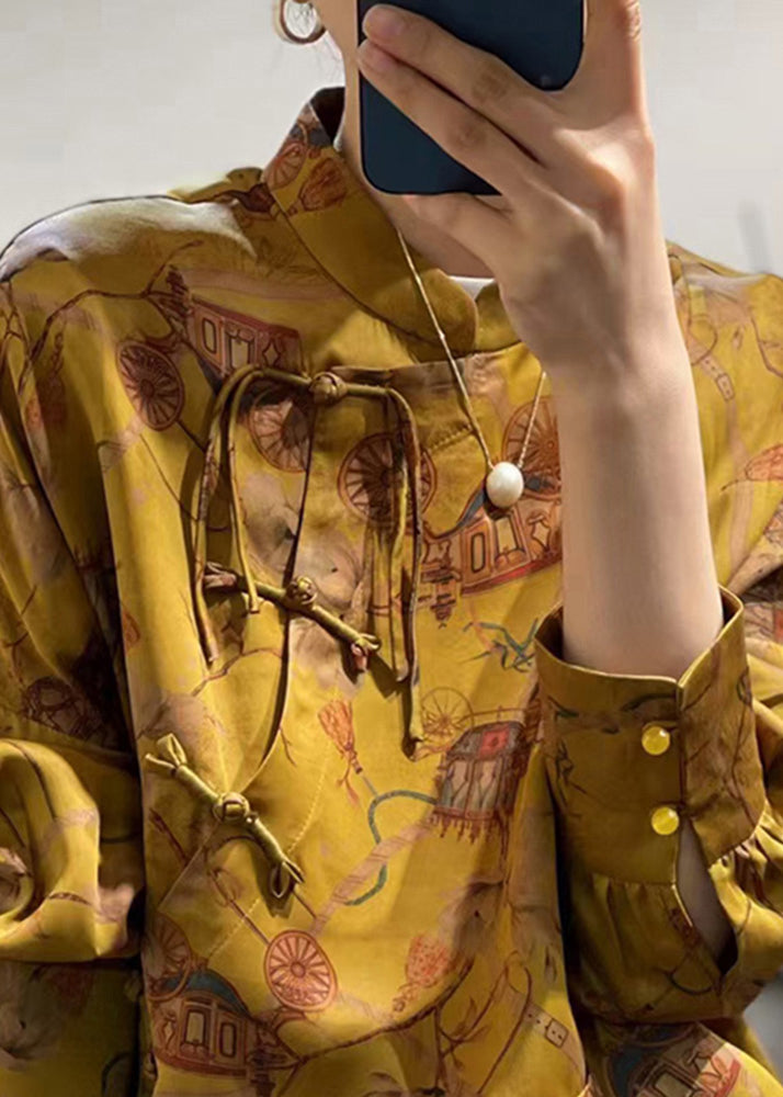 Yellow Button Print Patchwork Silk Shirt Fall