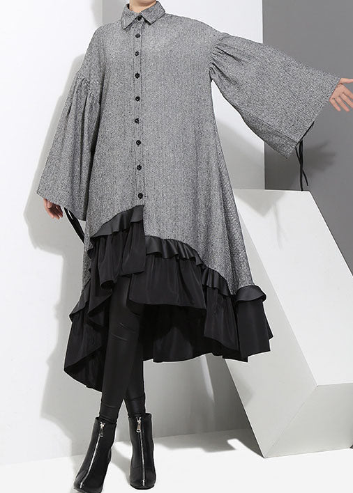 Art Grey Low High Design Ruffled Patchwork Shirt Dress Spring