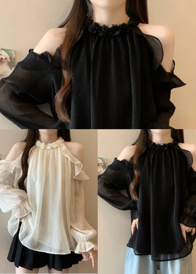 French Black Cold Shoulder Chiffon Shirts Fall