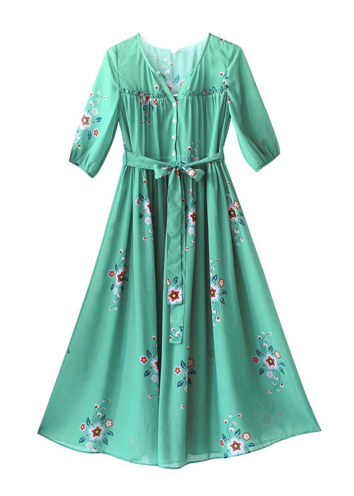Diy V Neck Tie Waist Summer Quilting Dresses Wardrobes Green Print Long Dress